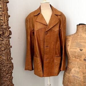 Jacket Genuine Leather Button Down Pockets Vintage 1960s 1970s